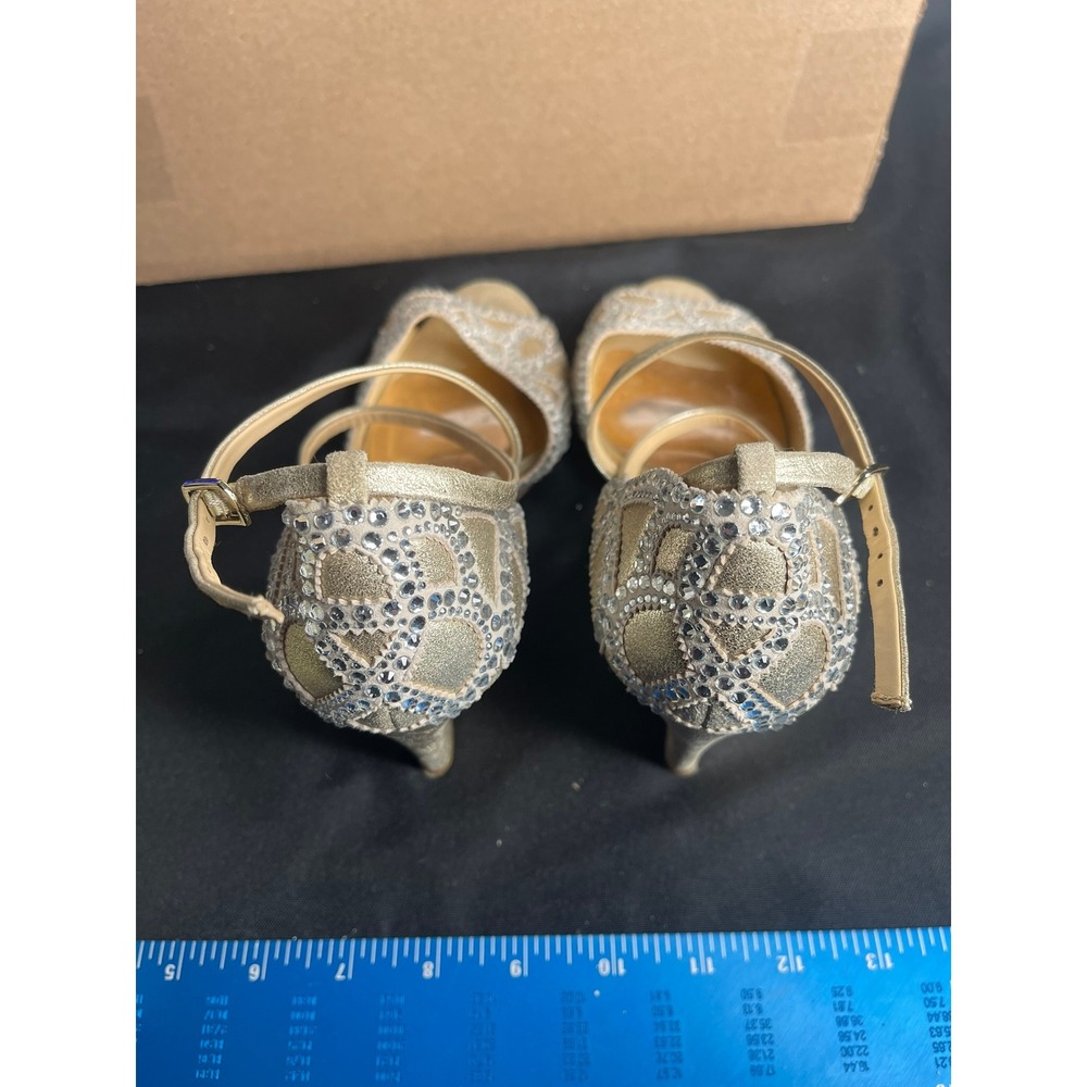 Badgley Mischka Gold Leather Crystal Embellished Wedge Sandals Womens 8 Formal - Picture 3 of 9